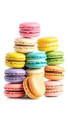 Fototapeta premium Deliciously colorful macarons stacked high, offering a sweet invitation to indulge in delicate French pastry perfection for any celebration or gourmet treat.