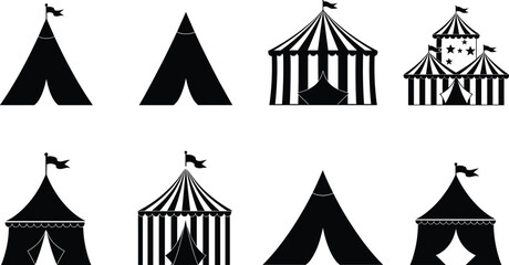 Circus tent silhouette vector set, black and white, flags, stripes, peaks, outdoor event, carnival, festival, architecture, illustration, decoration, design elements