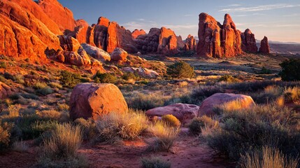 A desert landscape with tall sandstone formations glowing red in the setting sun