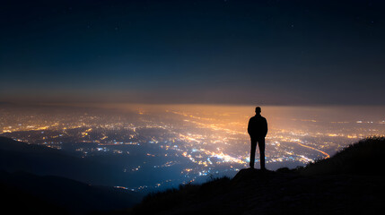 Obraz premium Contemplative Silhouette Over City Lights