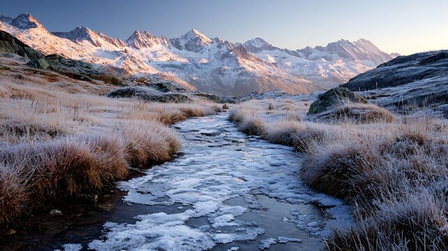A snowy alpine meadow with frozen stream and distant peaks glowing in sunrise light