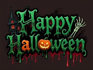 Happy Halloween Spooky illustration with haunted house, pumpkin and dripping slime