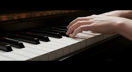 Close-up of piano keys with fingers playing, musical performance and artistic moment beautifully shown.