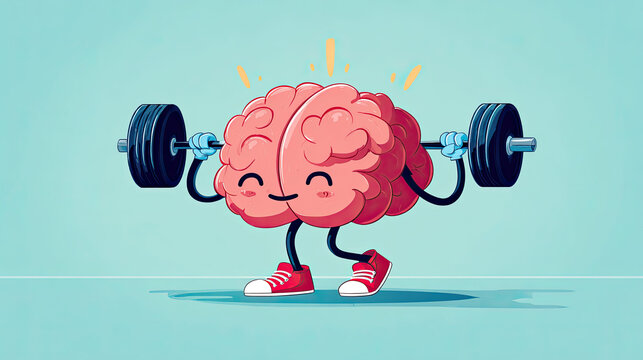 Brain lifting heavy weights in gym workout concept. A cartoon brain lifting weights, symbolizing mental strength and fitness.