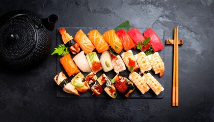 Savor exquisite sushi platters and traditional teapot, a vibrant culinary experience for discerning tastes and sophisticated dining moments, perfect for menus and promotions