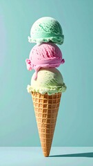 Indulge in summer bliss with a vibrant triple scoop ice cream cone, a refreshing treat on a bright, cool blue background, perfect for dessert promotions and sweet cravings.