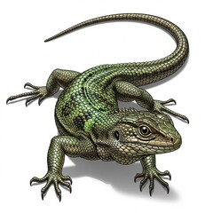 Naklejka premium A detailed illustration of a green lizard with yellow markings, isolated on a white background