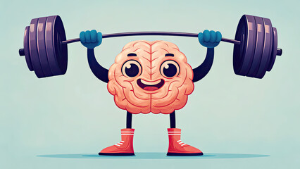 Brain lifting heavy weights in gym workout concept. A cartoon brain lifting weights, symbolizing mental strength.