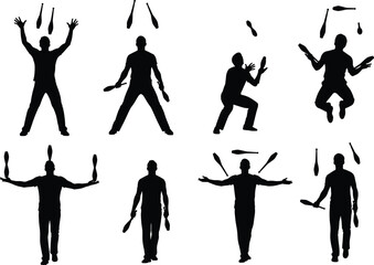Juggling silhouette vector illustration, black performer icons, club juggling poses, circus skill movement, athletic performance design, isolated entertainment sketch, dynamic action