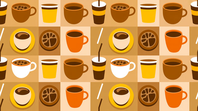 A seamless pattern design of coffee cups and drinks arranged in a grid layout against a beige background.
