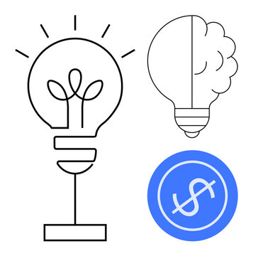 Light bulb with plant sprout inside, half-light bulb as brain, and blue dollar sign highlight innovation, growth, financial success. Ideal for creativity, innovation, business, finance growth