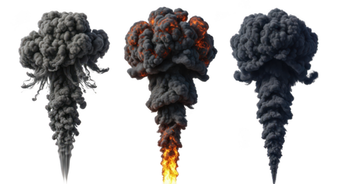 Three distinct mushroom cloud explosions with smoke and fire isolated on transparent background