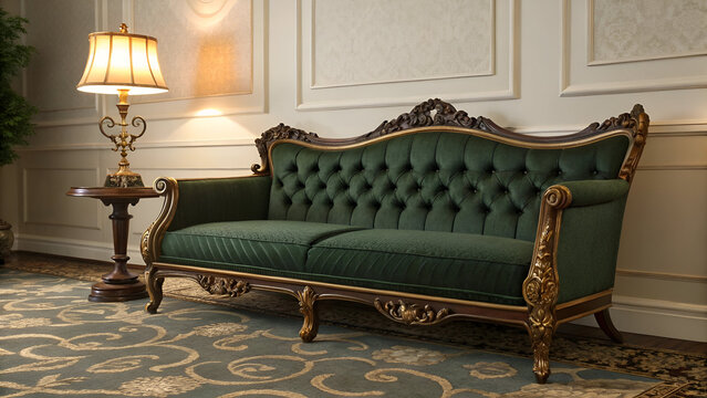 Ornate victorian emerald green tufted sofa with gold accents image