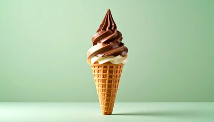 Indulgent dual-flavor soft serve ice cream swirl in a crisp waffle cone against a serene pastel background, a delightful treat for any occasion