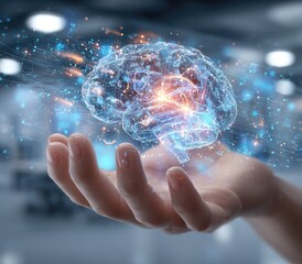 A hand holds a holographic brain, glowing with digital connections