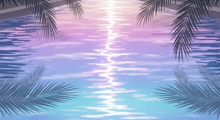 Palm fronds frame a tranquil swimming pool reflecting a vibrant sunset with pastel pink, purple, and blue hues