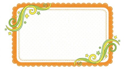 Decorative rectangular frame with orange scalloped border and green floral swirls isolated on white background