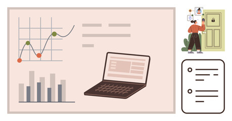Graphs with trends and bar charts, a laptop displaying data, checklist, and person securing digital lock. Ideal for data security, analytics, planning, research, productivity privacy learning