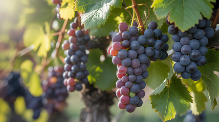 Fototapeta premium A decorated ceramic basket holds a vibrant mix of grapes on a wooden surface outdoors.