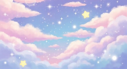 Dreamy pastel sky with soft clouds, twinkling stars, and cute star shapes, creating a magical and serene atmosphere