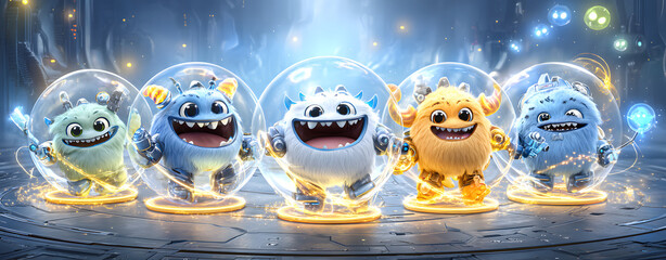 cartoon monster wall art Colorful animated monsters smiling in bubbles. nursery wallpaper creatures playful kids room decor