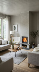 Fototapeta premium Cozy Modern Living Room with Fireplace Minimalist Scandinavian Design
