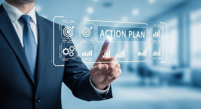 Businessman's hand touching action plan button on a virtual screen, planning and strategy