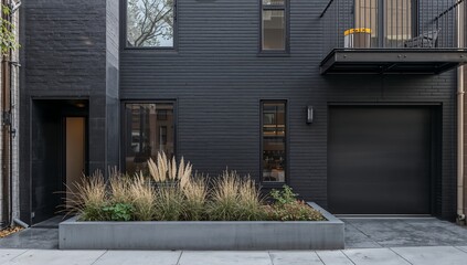 Modern black brick house with a garage and a raised planter