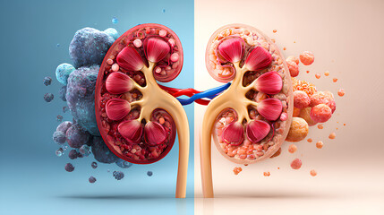 Cystic Kidney Disease or CKD as a comparison between a healthy kidney and one affected by polycystic illness with cysts as abnormalities in the urinary system anatomy. Stock Illustration