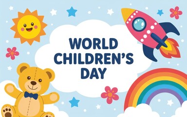 Fototapeta premium World childrens day with sun, rocket, rainbow, teddy bear and flowers