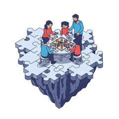 Group Assembling Jigsaw Puzzle On Floating Island in Pixel Art Style Teamwork Concept