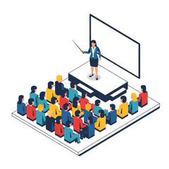 Isometric View of Businesswoman Giving Presentation on Stage to Audience at Conference with Blank Screen on White Background