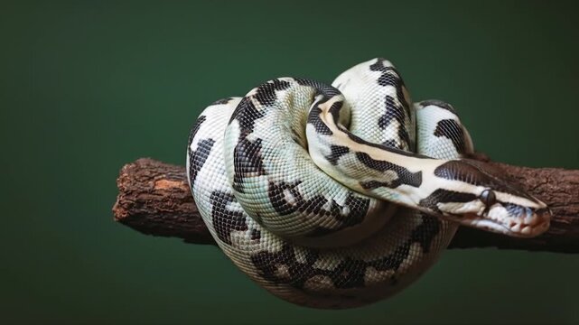 A captivating ball python coiled around a branch, showcasing its intricate patterns against a deep green backdrop.