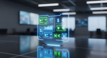 Glowing Holographic Financial Interface showing Digital Data, Currency Exchange, and Credit Card Icons in a Modern High-Tech Control Room Environment