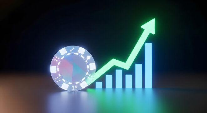 Digital Casino Chip and Glowing Upward Graph Symbolizing Gaming Industry Growth, Financial Investment, and Profit Success