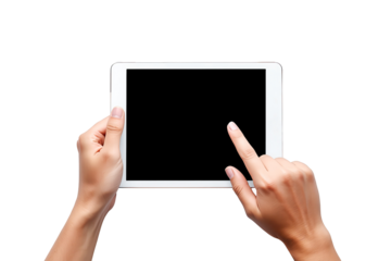 Tablet mockup with hands holding a blank digital tablet with a single finger touching the screen on transparent background png file