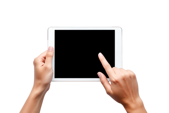 Tablet mockup with hands holding a blank digital tablet with a single finger touching the screen on transparent background png file - Powered by Adobe