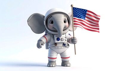 Elephant Astronaut Holding a Flag on White Background
