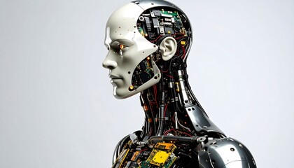 Profile view of a sophisticated robotic head and torso.  Internal mechanics are visible