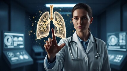 A professional health expert studies a luminous holographic human brain, using advanced digital technology for neurological research and groundbreaking medical insights