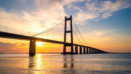 Sunset over a modern suspension bridge