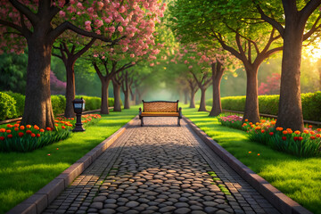 Hyper-realistic digital art of a cobblestone path through a lush vibrant garden with blooming trees, flowers, and wooden bench, PNG file isolated on transparent background