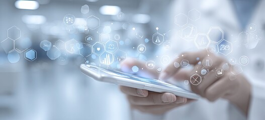 A person in a lab coat uses a tablet, with digital health icons hovering around it