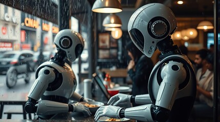 Fototapeta premium Robots Eating in Cafe.
