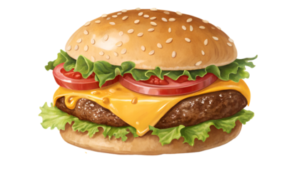Golden bun juicy patty melted cheese red tomato green lettuce isolated on a transparent background