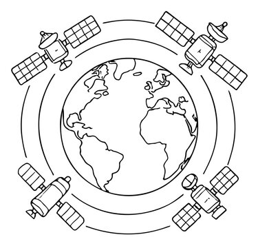 black and white satellites orbiting earth clip art preview