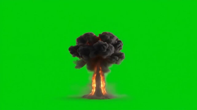 Nuclear bomb is exploding violently smoke exploded into a mushroom cloud with a green screen background 