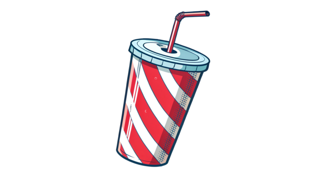 Red white striped beverage cup with straw isolated on a transparent background drink soda