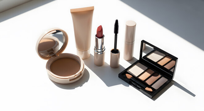A collection of nude and earth tone makeup essentials with sunlight and shadows on a white background.