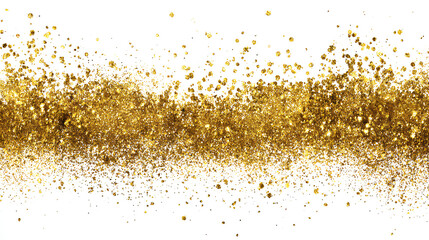 Golden dust. Gold sparkle splatter border. Gold glitter, golden abstract foil. Gold particles, shining gold sparks. Gold stroke on white background. Stock Illustration